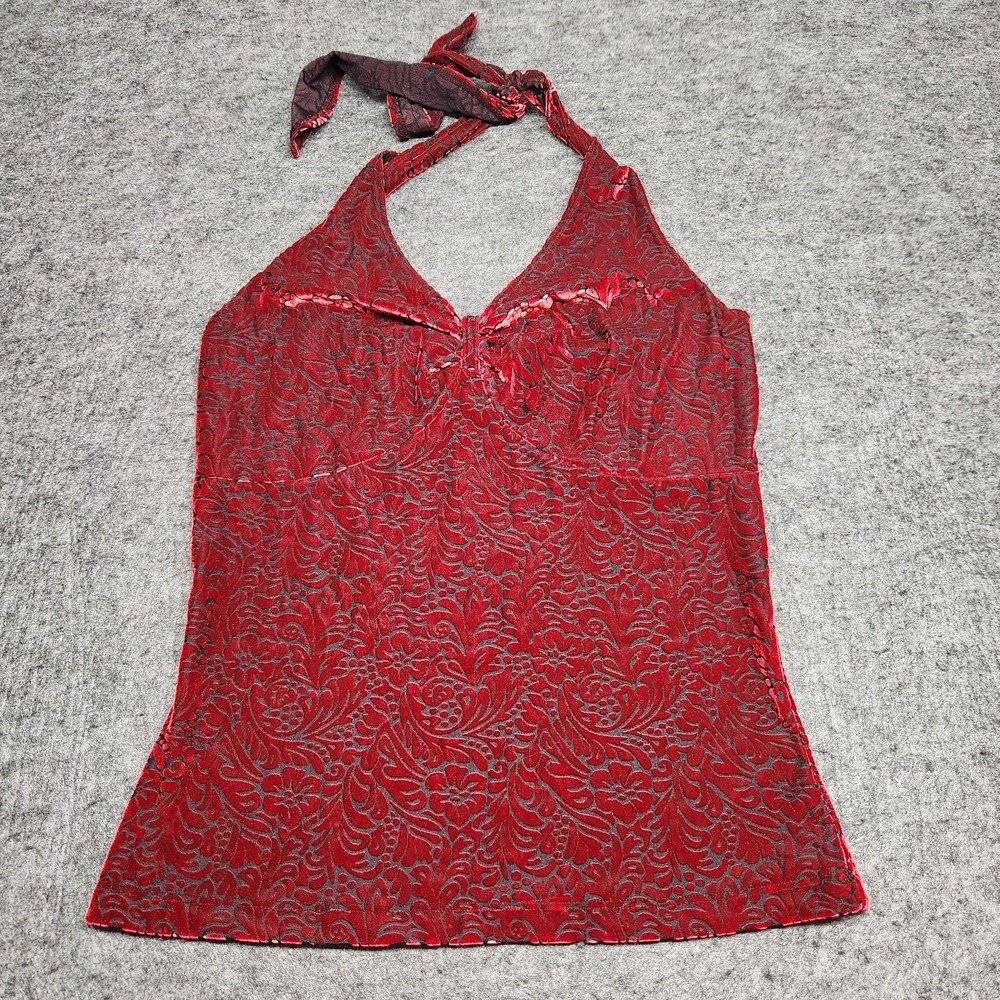 Fashion Bug Vintage Red Velvet Burnout Halter Top Fairycore Gothic Y2K Small